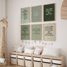 Load image into Gallery viewer, Sage green Christian kids  bible verse wall art set of 6 prints 07-23502