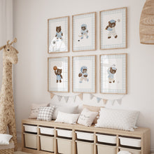 Load image into Gallery viewer, set of 6 Blue gingham sports teddy bear wall art prints 07-340