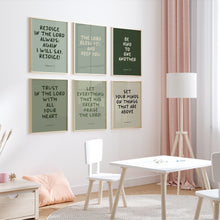 Load image into Gallery viewer, Sage green Christian kids  bible verse wall art set of 6 prints 07-235