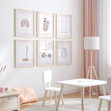 Load image into Gallery viewer, Pink gingham pattern watercolor golf set of 6 art print 07-31103