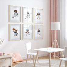 Load image into Gallery viewer, set of 6 Blue gingham sports teddy bear wall art prints 07-340