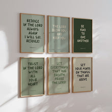 Load image into Gallery viewer, Sage green Christian kids  bible verse wall art set of 6 prints 07-235