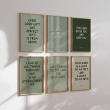 Load image into Gallery viewer, Sage green Christian kids  bible verse wall art set of 6 prints 07-23502