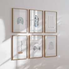 Load image into Gallery viewer, Sage blue gingham pattern watercolor golf set of 6 art print 07-27117