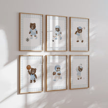 Load image into Gallery viewer, set of 6 Blue gingham sports teddy bear wall art prints 07-340