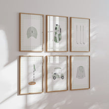 Load image into Gallery viewer, Sage green gingham pattern watercolor golf set of 6 art print 07-27116