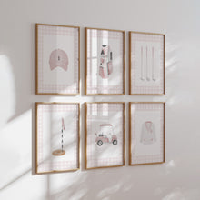 Load image into Gallery viewer, Pink gingham pattern watercolor golf set of 6 art print 07-31103