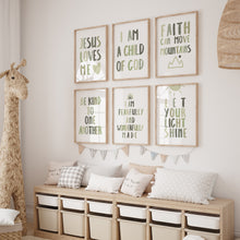 Load image into Gallery viewer, set of 6 sage green let your shine Christian kids bible verse art print 07-123