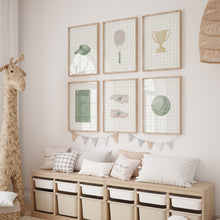 Load image into Gallery viewer, Sage green watercolor tennis set of 6 wall art prints 07-27711