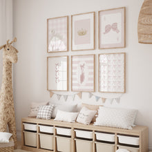 Load image into Gallery viewer, Watercolor pink swan and coquette nursery set of 6 wall art prints 07-272