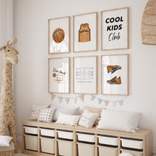 Load image into Gallery viewer, watercolor basketball jersey, ball, cool kids club, sneakers set of 6 wall art prints 07-27312