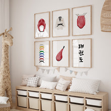 Load image into Gallery viewer, watercolor Taekwondo Martial arts gear and quote set of 6 art prints 07-27501