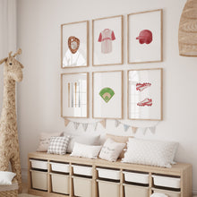 Load image into Gallery viewer, watercolor red baseball jersey, ball, glove, cap, bat, shoes, ground set of 6 wall art prints 07-27311