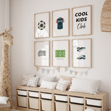 Load image into Gallery viewer, watercolor soccer jersey, ball, cool kids club, soccer field set of 6 wall art prints 07-27313
