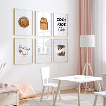 Load image into Gallery viewer, watercolor basketball jersey, ball, cool kids club, sneakers set of 6 wall art prints 07-27312
