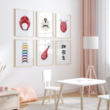 Load image into Gallery viewer, watercolor Taekwondo Martial arts gear and quote set of 6 art prints 07-27501