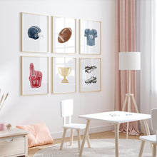 Load image into Gallery viewer, Watercolor Blue American football set of 6 art prints 07-29601