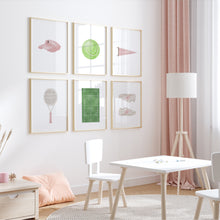 Load image into Gallery viewer, Pink watercolor tennis set of 6 wall art prints 07-27706