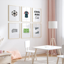 Load image into Gallery viewer, watercolor soccer jersey, ball, cool kids club, soccer field set of 6 wall art prints 07-27313