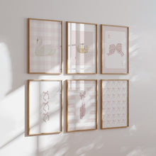 Load image into Gallery viewer, Watercolor pink swan and coquette nursery set of 6 wall art prints 07-272