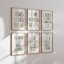 Load image into Gallery viewer, set of 6 sage green let your shine Christian kids bible verse art print 07-123