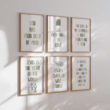Load image into Gallery viewer, set of 6 sage green Christian kids bible verse art prints 07-20106