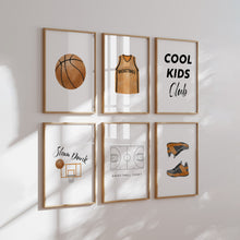 Load image into Gallery viewer, watercolor basketball jersey, ball, cool kids club, sneakers set of 6 wall art prints 07-27312