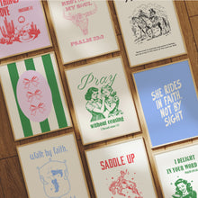 Load image into Gallery viewer, Retro set of 9 blue cowgirl Christian bible verse wall art 02-324