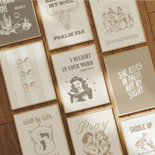 Load image into Gallery viewer, Retro set of 9 Neutral cowgirl Christian bible verse wall art 02-325