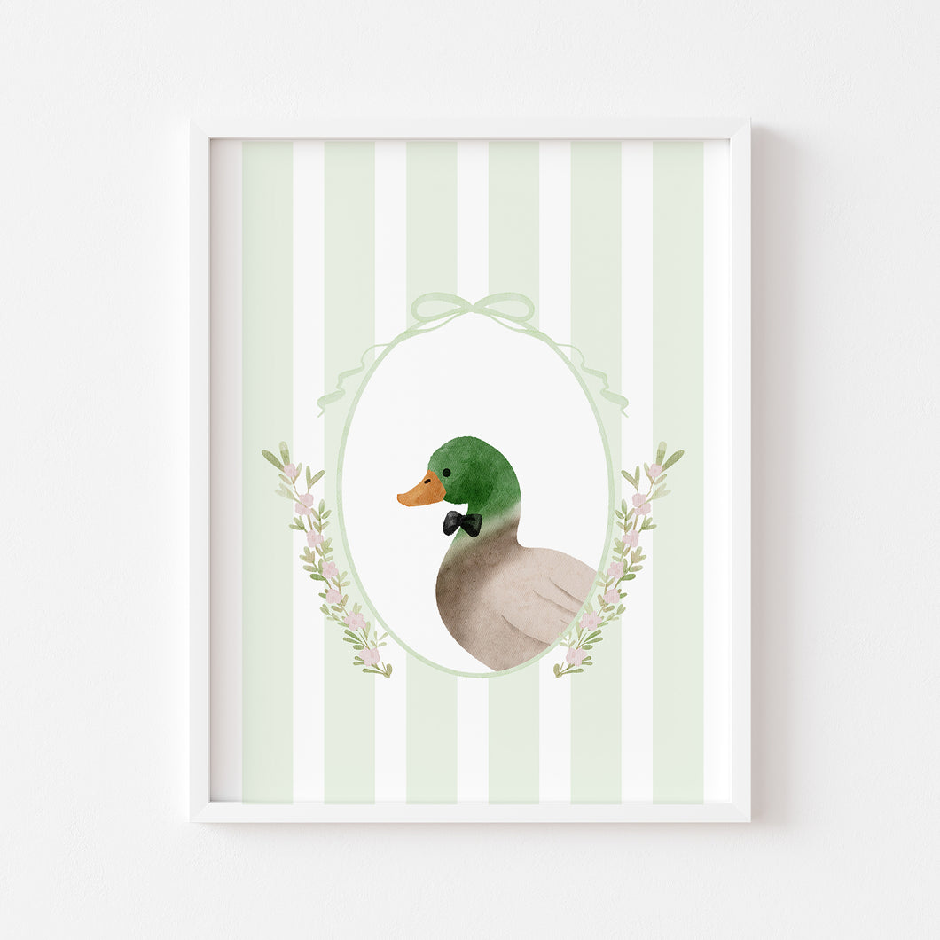 Watercolor whimsical green mallard duck art print 07-276