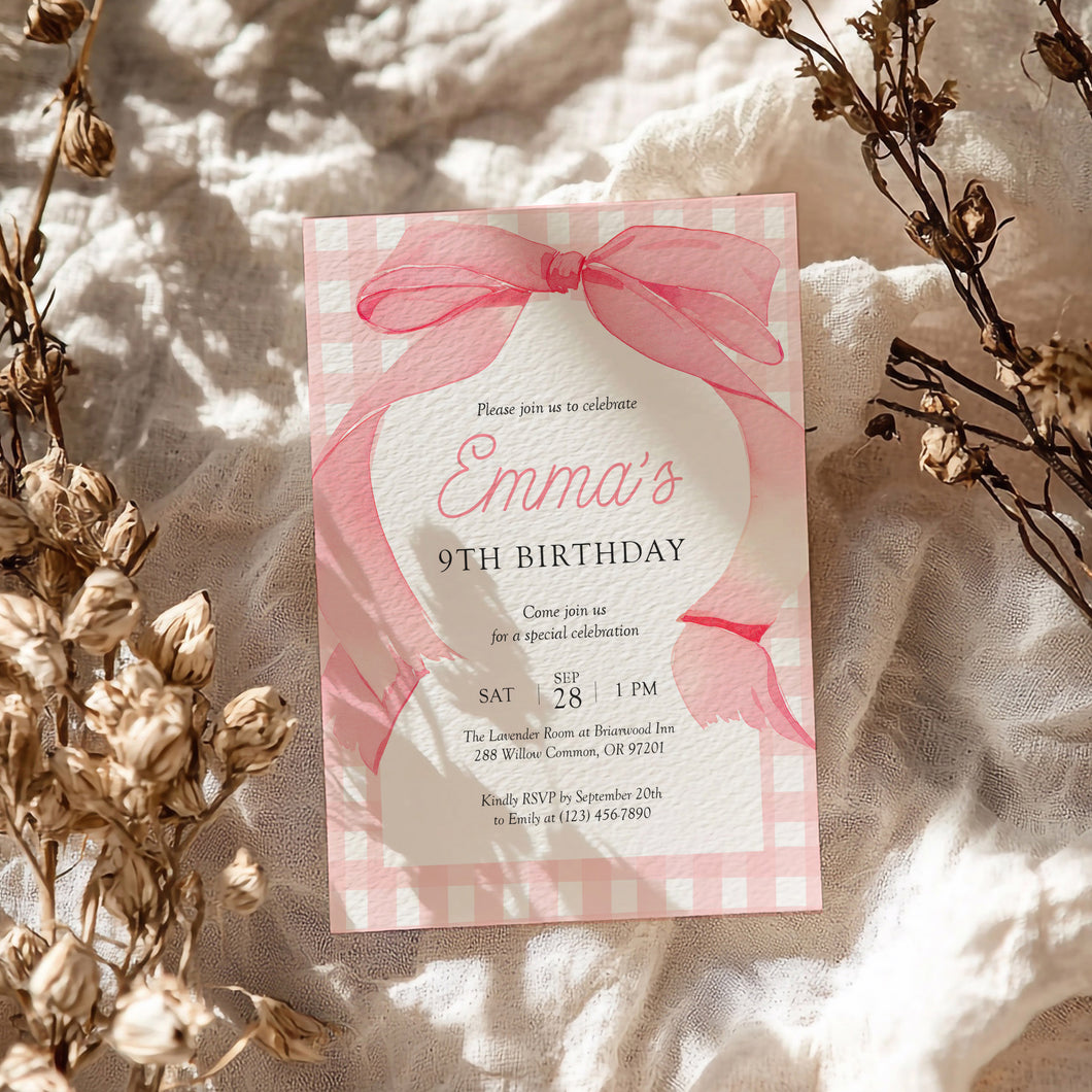 0318 pink bow gingham birthday invitation