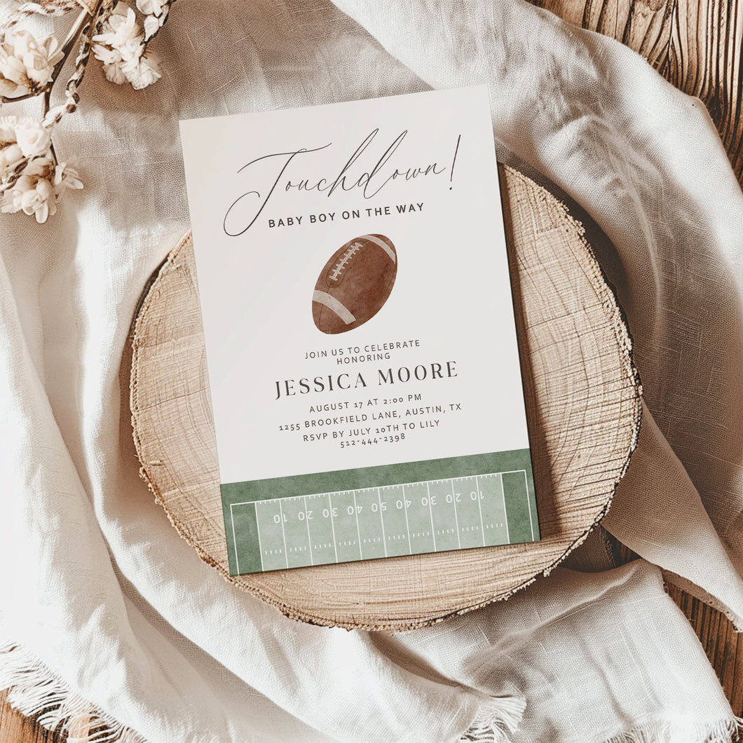 2032 Football Touchdown Sports Baby Boy Shower Invite, Editable Template, Digital Download