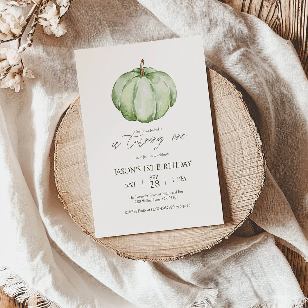 0316 green pumpkin birthday invitation template