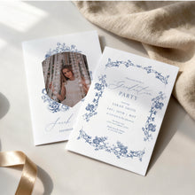 Load image into Gallery viewer, Blue Toile Graduation Invitation Photo Announcement Floral Minimal Party Invite Template 0808
