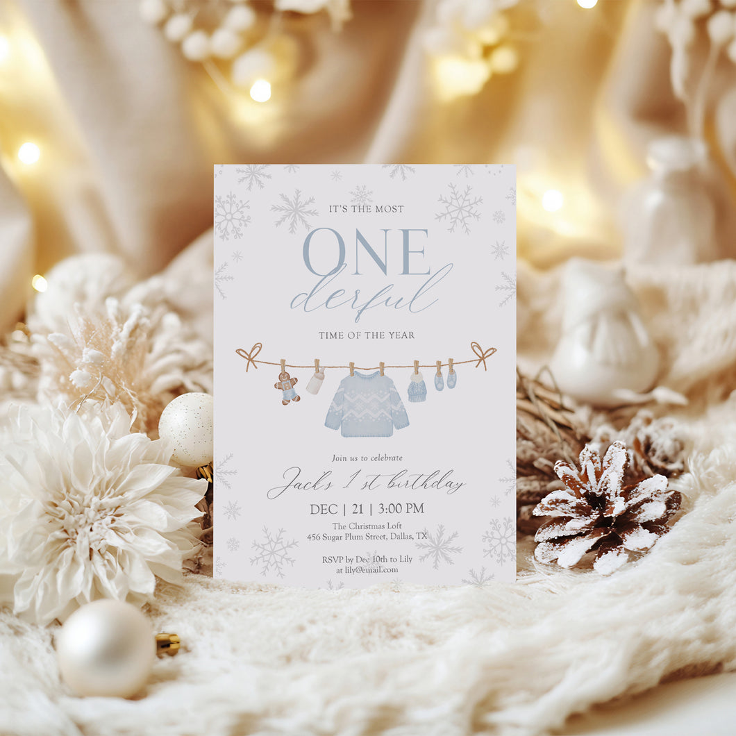 0320 Winter Onederful Boy 1st Birthday Invitation Template (Digital Download)