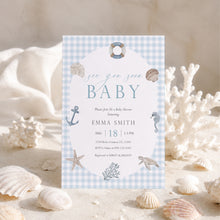 Load image into Gallery viewer, Sea You Soon Baby Shower Invitation, Blue Gingham Editable Template 2045
