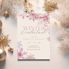 Load image into Gallery viewer, 0319 Pink Winter ONE-derland 1st Birthday Invitation, Pink Snowflake Girl Winter Wonderland Invite
