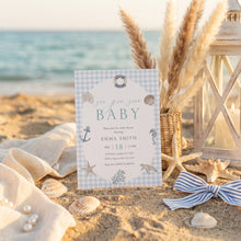 Load image into Gallery viewer, Sea You Soon Baby Shower Invitation, Blue Gingham Editable Template 2045
