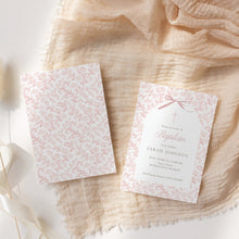 Load image into Gallery viewer, Pink Floral Baptism Invitation, Coquette Bow Toile Christian Girl Baptism Invite 0502
