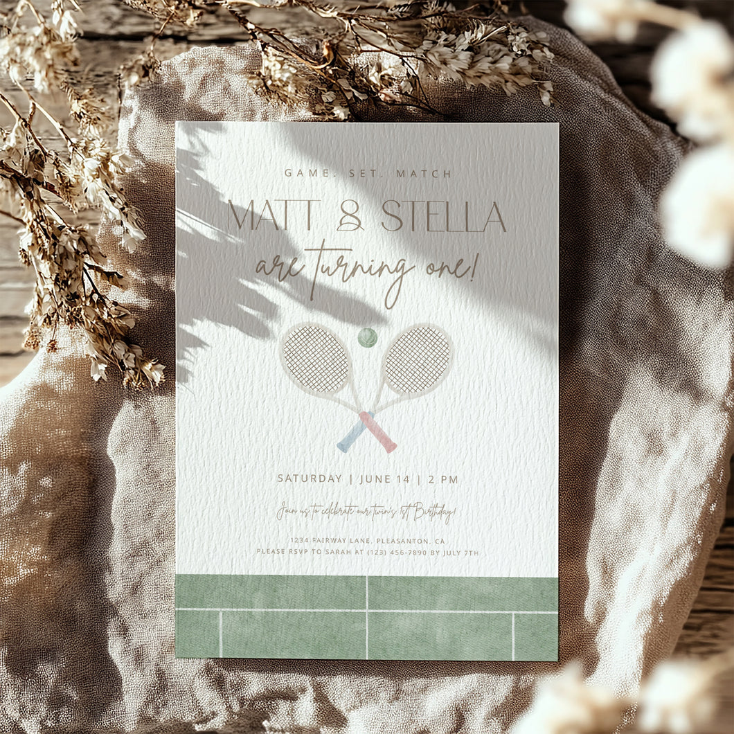 0312 Twin tennis birthday invitation template