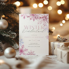 Load image into Gallery viewer, 0319 Pink Winter ONE-derland 1st Birthday Invitation, Pink Snowflake Girl Winter Wonderland Invite
