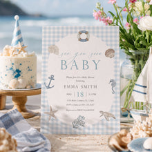 Load image into Gallery viewer, Sea You Soon Baby Shower Invitation, Blue Gingham Editable Template 2045
