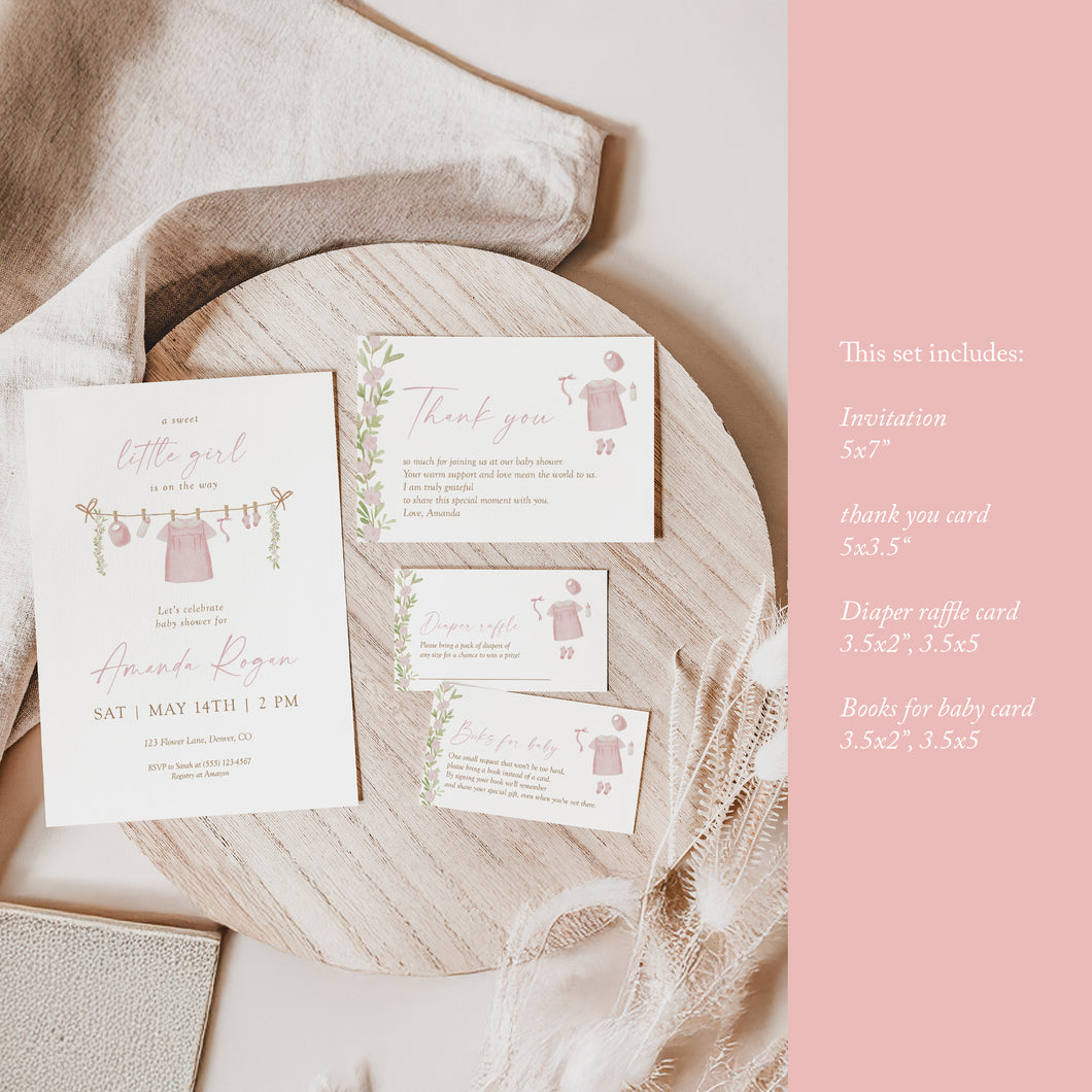 Pink Baby Shower Girl Invitation Bundle | Watercolor Minimal Design | Thank You Cards & Baby Raffle 2031