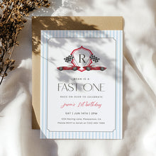 Load image into Gallery viewer, Fast One Red Monogram Crest 1st Birthday Invitation Editable, Boys Birthday 0330
