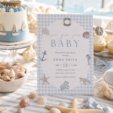 Load image into Gallery viewer, Sea You Soon Baby Shower Invitation, Blue Gingham Editable Template 2045
