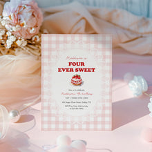 Load image into Gallery viewer, 0326 Pink Gingham Strawberry Forever Sweet Invite, Editable Girl 4th Birthday Template, Digital Download
