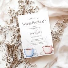 Load image into Gallery viewer, 2023 What’s Brewing Gender Reveal Invitation, Coffee Tea Editable Template
