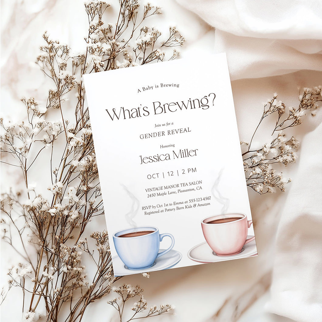 2023 What’s Brewing Gender Reveal Invitation, Coffee Tea Editable Template