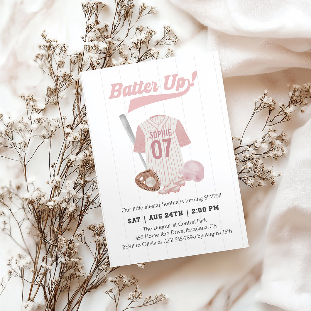 0314 pink batter up birthday invitation template