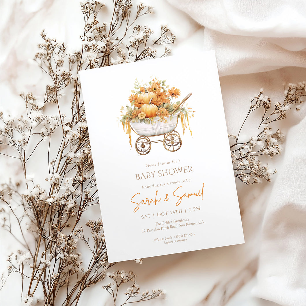 2025 pumpkin carrier fall baby shower invitation template